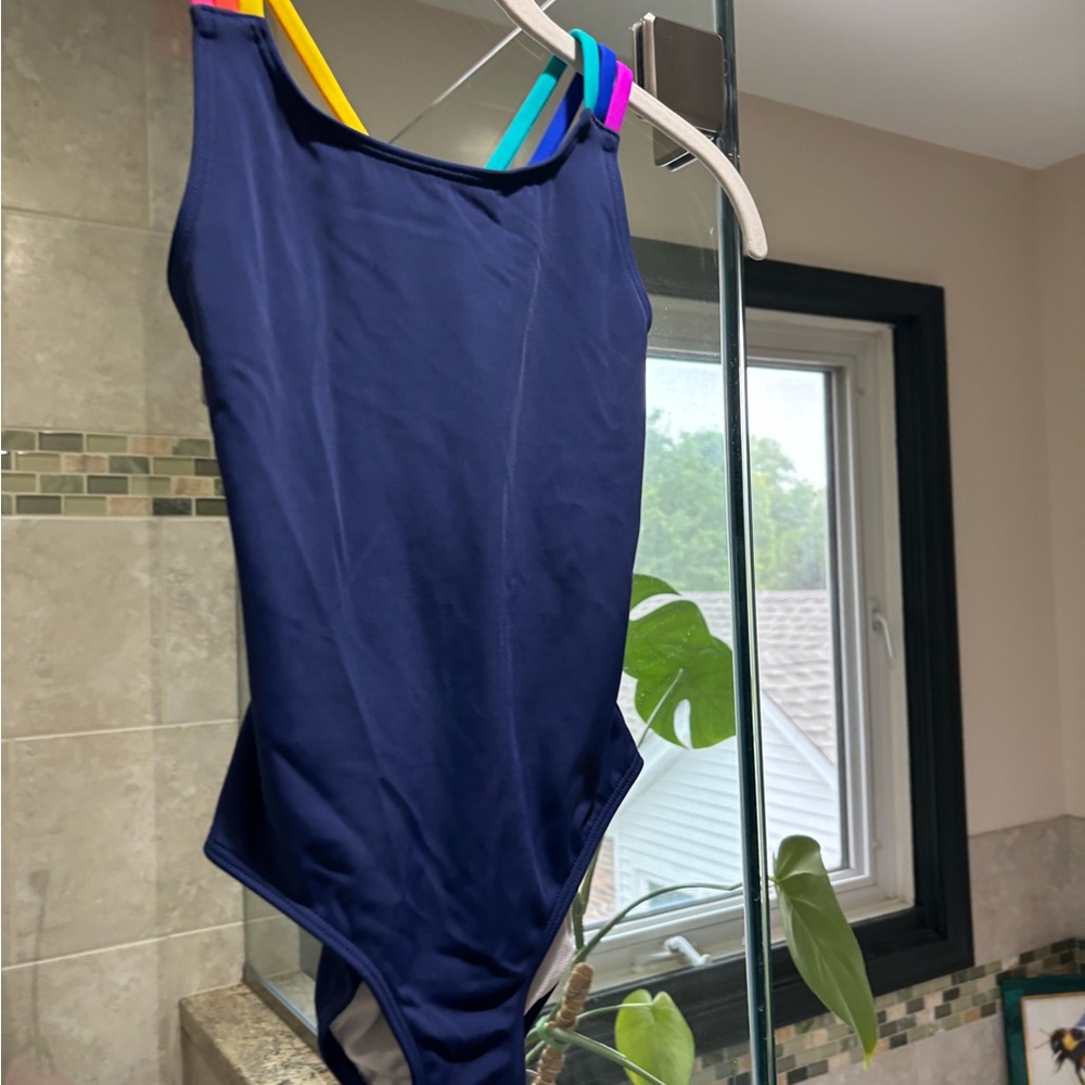 Boden Blue and Yellow One Piece Swimsuit with Colorful Trim
